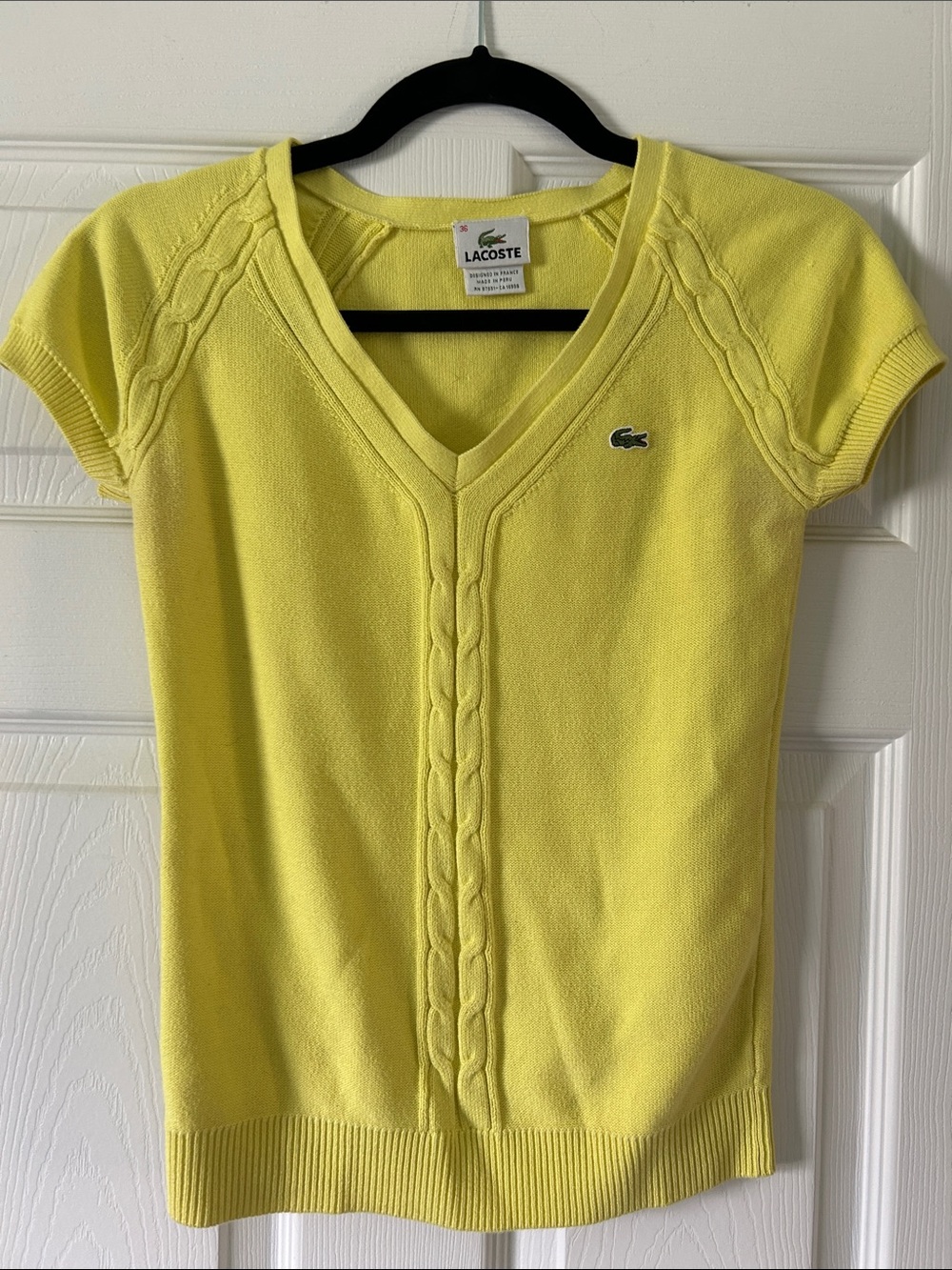 Lacoste Women's Bright Yellow Cable V‑Neck Short Sleeve Top